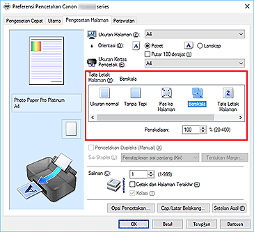 gambar: Pilih Berskala untuk Tata Letak Halaman pada tab Pengesetan Halaman