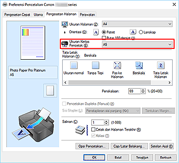 gambar: Ukuran Kertas Pencetak pada tab Pengesetan Halaman