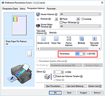gambar: Penskalaan pada tab Pengesetan Halaman