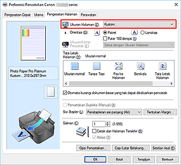gambar: Pilih Kustom untuk Ukuran Halaman pada tab Pengesetan Halaman
