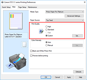 figura: Opţiunea Selectare din fila Principal; opţiunea Particularizat selectată pentru Calitate imprimare