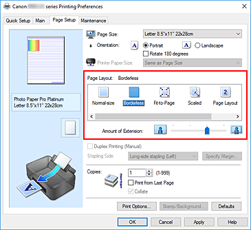slika: v nastavitvi Page Layout na kartici Page Setup izberite Borderless
