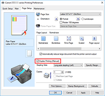 slika: potrditveno polje Duplex Printing (Manual) na kartici Page Setup