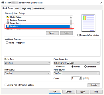 slika: v možnosti Commonly Used Settings na kartici Quick Setup izberite Envelope