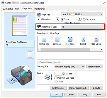 slika: možnost Printer Paper Size na kartici Page Setup