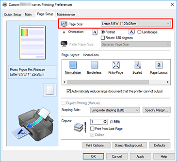 slika: možnost Page Size na kartici Page Setup