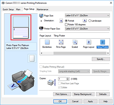 slika: predogled nastavitev na kartici Page Setup
