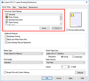 slika: možnost Commonly Used Settings na kartici Quick Setup