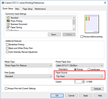 slika: možnost Paper Source na kartici Quick Setup