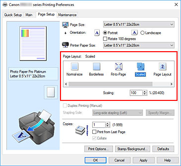 slika: izbira možnosti Scaled za nastavitev Page Layout na kartici Page Setup