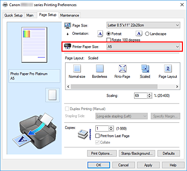 slika: možnost Printer Paper Size na kartici Page Setup