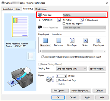 slika: izbira možnosti Custom za nastavitev Page Size na kartici Page Setup
