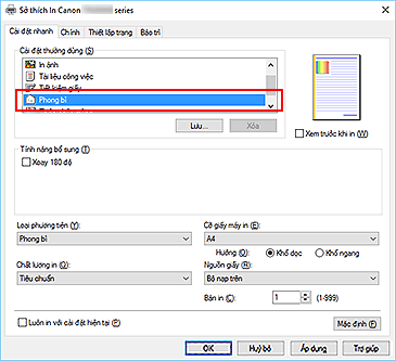 hình: Chọn Phong bì từ Cài đặt thường dùng trên tab Cài đặt nhanh