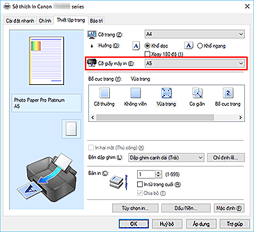 hình: Cỡ giấy máy in trên tab Thiết lập trang
