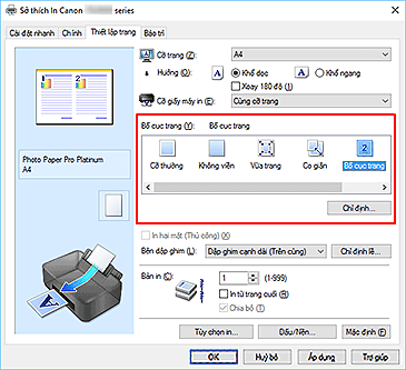 hình: Chọn Bố cục trang cho Bố cục trang trên tab Thiết lập trang