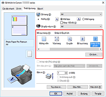 hình: Chọn Ghép ô/Áp phích cho Bố cục trang trên tab Thiết lập trang