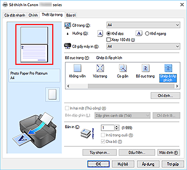hình: Xem trước Cài đặt được hiển thị trên tab Thiết lập trang