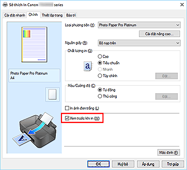 hình: Hộp kiểm Xem trước khi in trên tab Chính