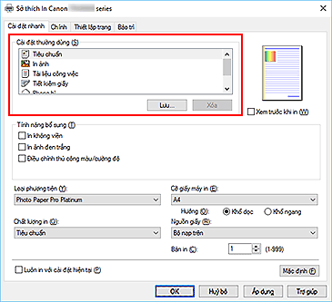 hình: Cài đặt thường dùng trên tab Cài đặt nhanh