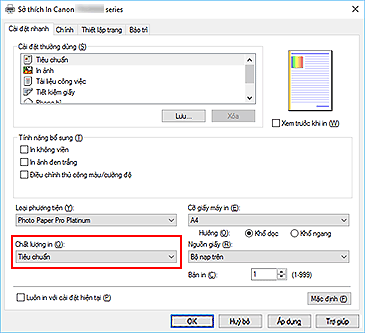 hình: Chất lượng in trên tab Cài đặt nhanh