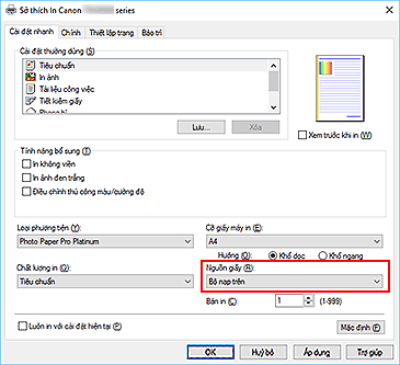hình: Nguồn giấy trên tab Cài đặt nhanh