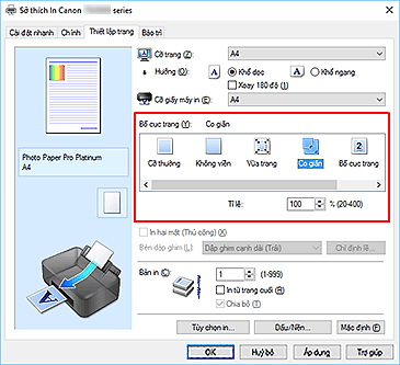 hình: Chọn Co giãn cho Bố cục trang trên tab Thiết lập trang