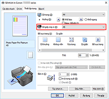 hình: Cỡ giấy máy in trên tab Thiết lập trang