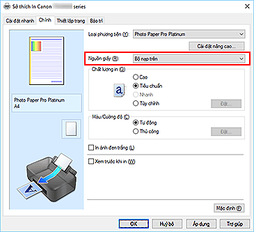 hình: Nguồn giấy trên tab Chính
