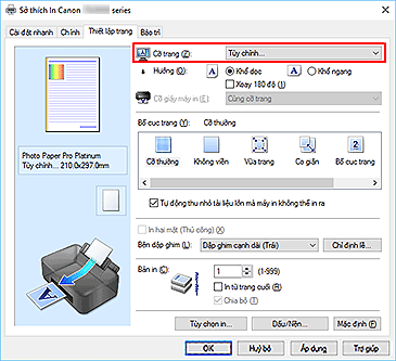 hình: Chọn Tùy chỉnh cho Cỡ trang trên tab Thiết lập trang