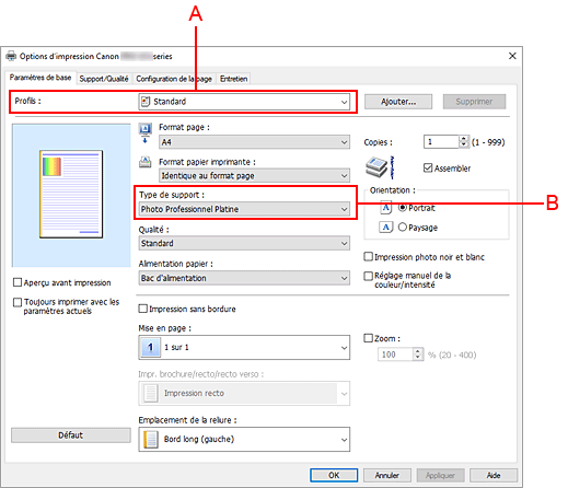 figure&nbsp;: Profils sur l'onglet Paramètres de base