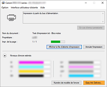 figure&nbsp;: Écran d'état d'imprimante Canon IJ