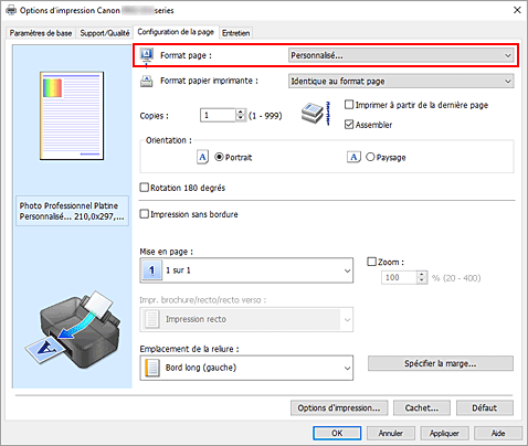 figure&nbsp;: Sélectionnez Personnalisé pour Format page dans l'onglet Configuration de la page.