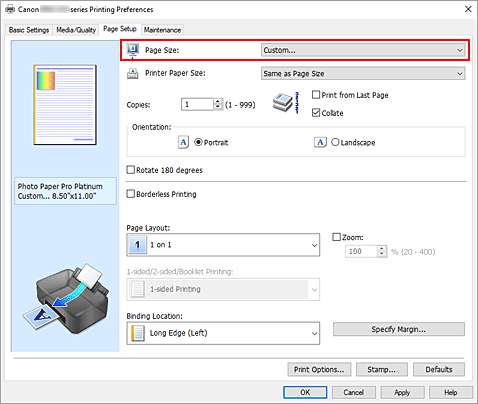 figura:Selectarea Custom pentru Page Size din fila Page Setup