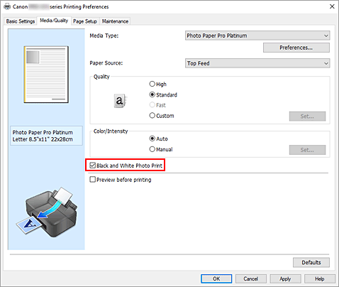 рисунок: флажок "Черно-белая фотопечать" на вкладке "Главная"