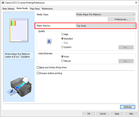 ภาพ: "แหล่งจ่ายกระดาษ" บนแท็บ "สื่อสิ่งพิมพ์/คุณภาพ"