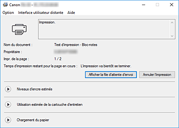 figure&nbsp;: Écran d'état d'imprimante Canon IJ