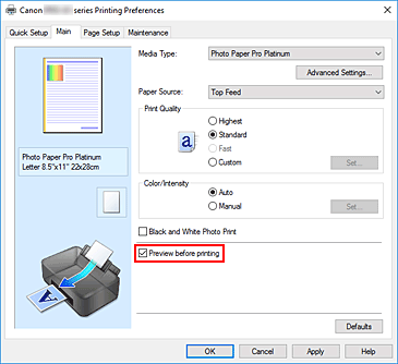 фигура: Квадратче за отметка &bdquo;Preview before printing&rdquo; в раздела &bdquo;Main&rdquo;
