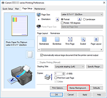 фигура: &bdquo;Stamp/Background...&rdquo; в раздела &bdquo;Page Setup&rdquo;