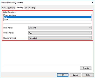 figure:Select ICM for Color Correction in the Manual Color Adjustment dialog box