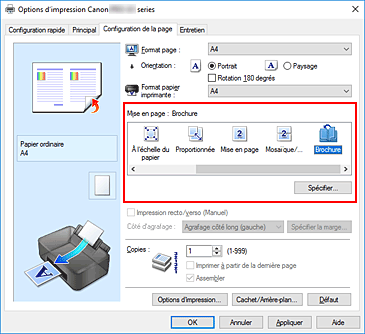 figure : Sélectionnez Brochure comme Mise en page dans l'onglet Configuration de la page.