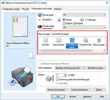 figure : Sélectionnez À l'échelle du papier comme Mise en page dans l'onglet Configuration de la page.