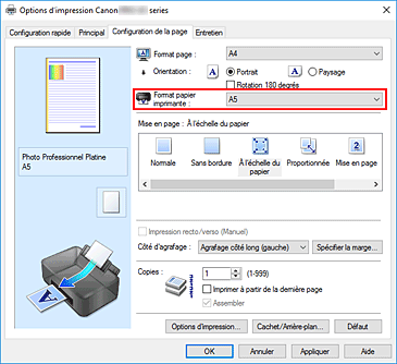 figure : Format papier imprimante dans l'onglet Configuration de la page