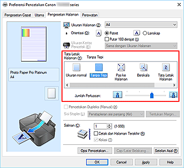 gambar: Pilih Tanpa Tepi untuk Tata Letak Halaman pada tab Pengesetan Halaman