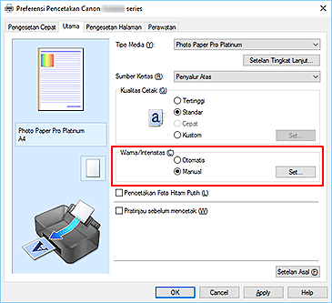 gambar: Pilih Manual untuk Warna/Intensitas pada tab Utama