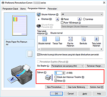 gambar: Salinan pada tab Pengesetan Halaman