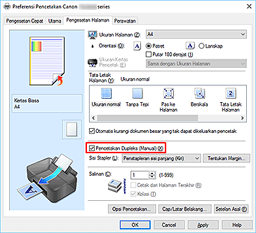 gambar: Kotak centang Pencetakan Dupleks (Manual) pada tab Pengesetan Halaman