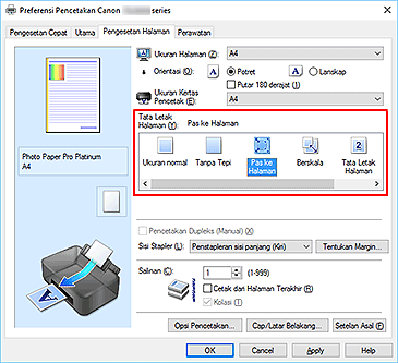 gambar: Pilih Pas ke Halaman untuk Tata Letak Halaman pada tab Pengesetan Halaman