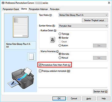 gambar: Kotak centang Pencetakan Foto Hitam Putih pada tab Utama