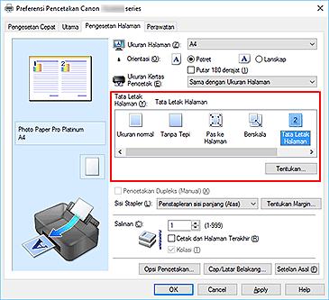 gambar: Pilih Tata Letak Halaman untuk Tata Letak Halaman pada tab Pengesetan Halaman