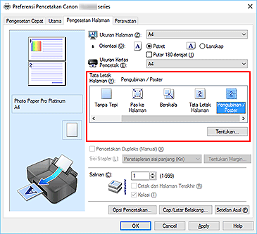 gambar: Pilih Pengubinan/Poster untuk Tata Letak Halaman pada tab Pengesetan Halaman